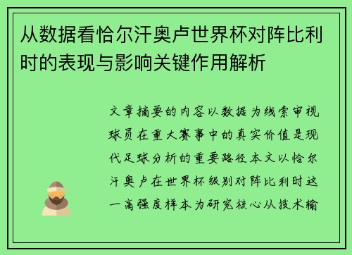 从数据看恰尔汗奥卢世界杯对阵比利时的表现与影响关键作用解析